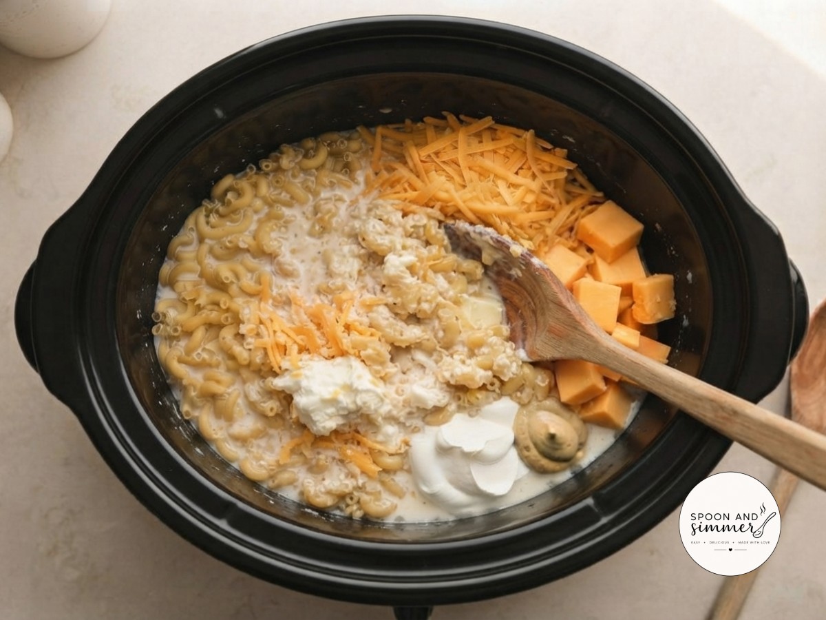A wooden spoon stirs thin, lumpy pasta and melting cheese in the slow cooker insert.